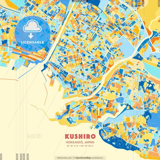 Kushiro, Hokkaidō, Japan blue and orange vector art map template