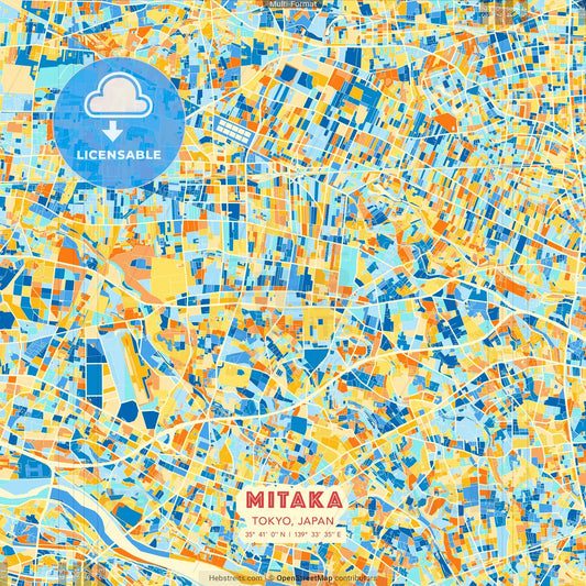 Mitaka, Tokyo, Japan blue and orange vector art map template