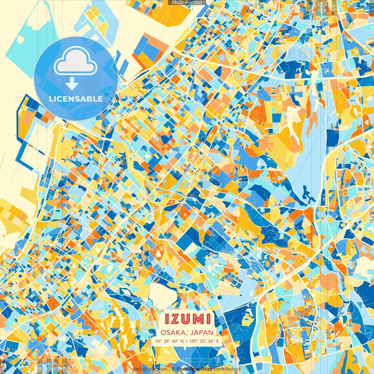 Izumi, Osaka, Japan blue and orange vector art map template