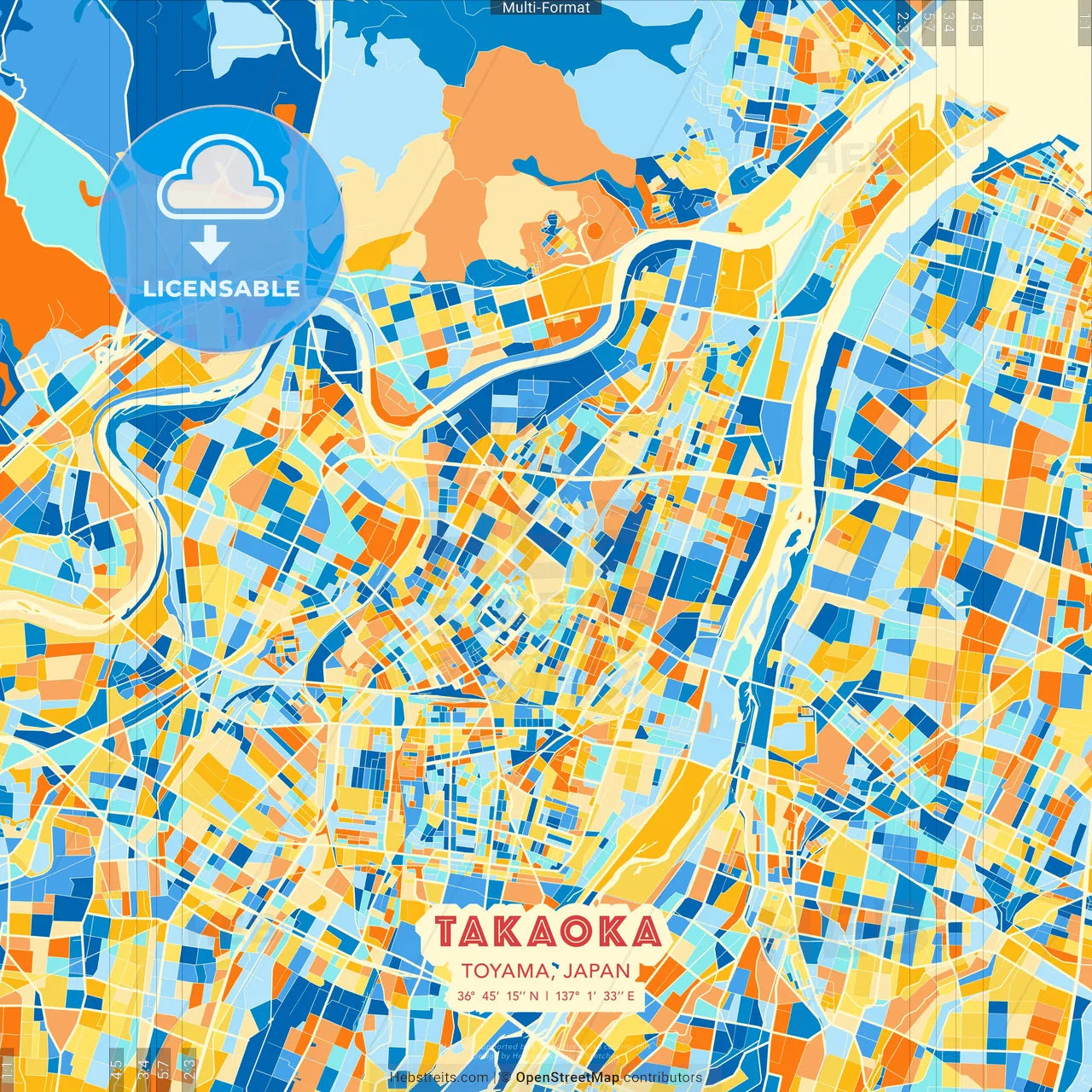 Takaoka, Toyama, Japan blue and orange vector art map template