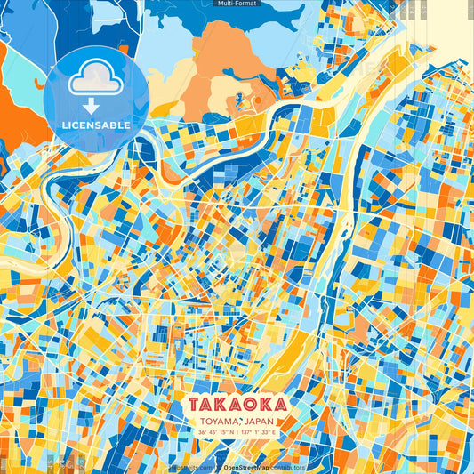 Takaoka, Toyama, Japan blue and orange vector art map template