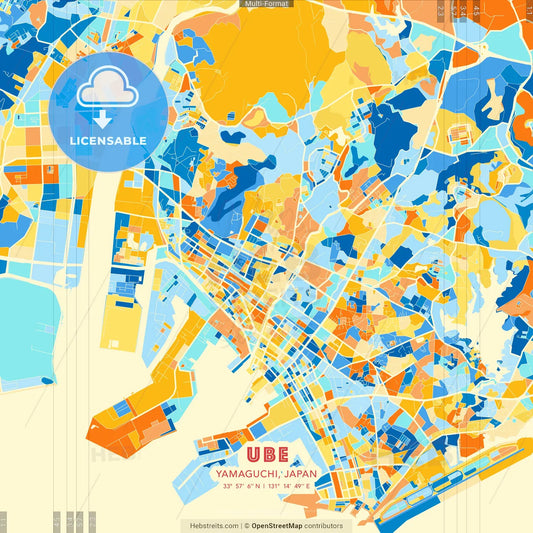 Ube, Yamaguchi, Japan blue and orange vector art map template