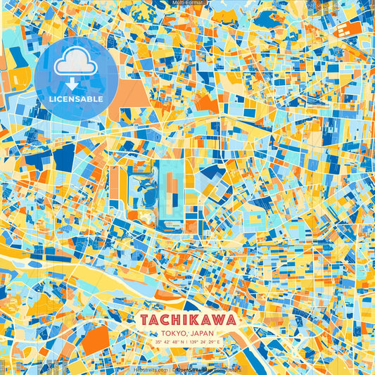 Tachikawa, Tokyo, Japan blue and orange vector art map template