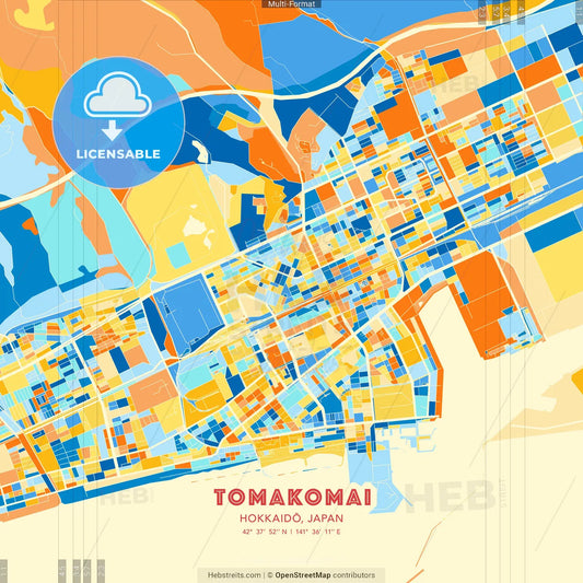 Tomakomai, Hokkaidō, Japan blue and orange vector art map template