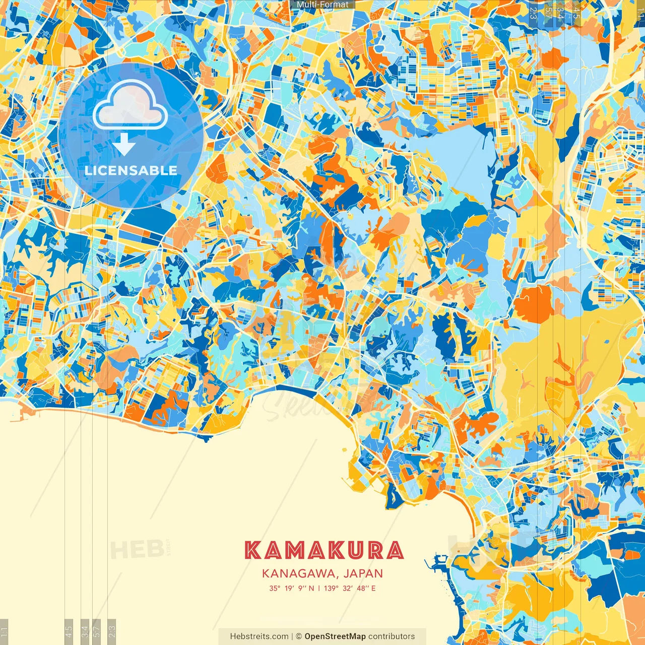Kamakura, Kanagawa, Japan blue and orange vector art map template
