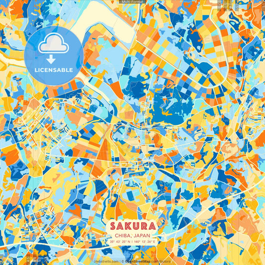 Sakura, Chiba, Japan blue and orange vector art map template