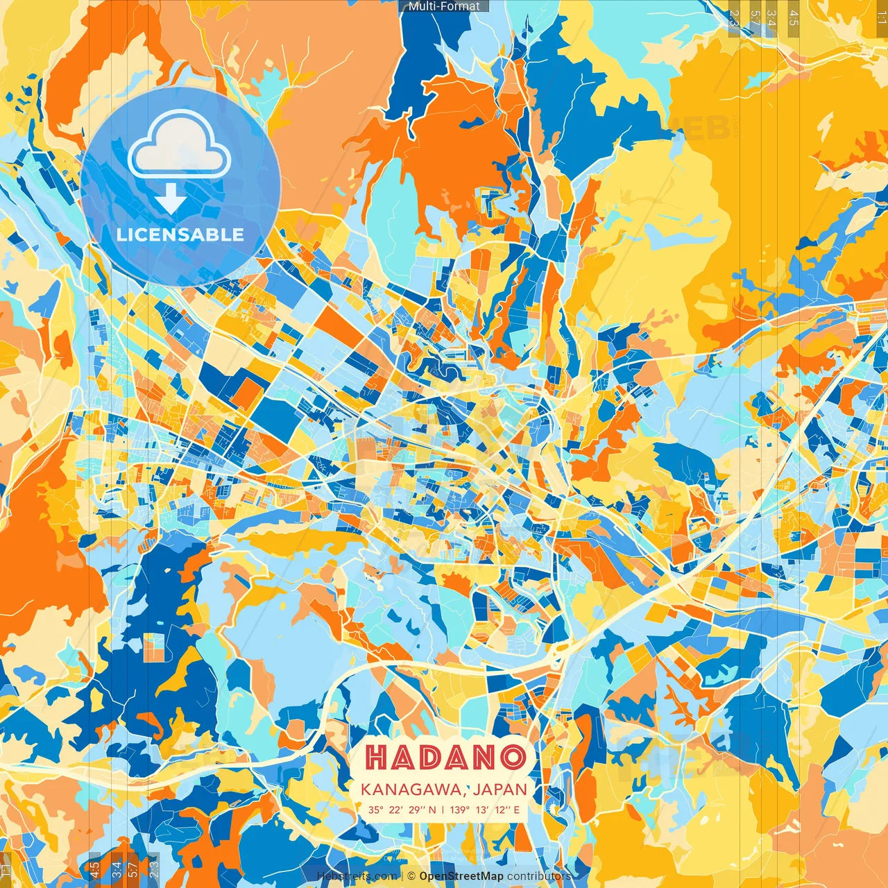 Hadano, Kanagawa, Japan blue and orange vector art map template