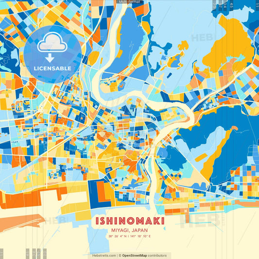 Ishinomaki, Miyagi, Japan blue and orange vector art map template