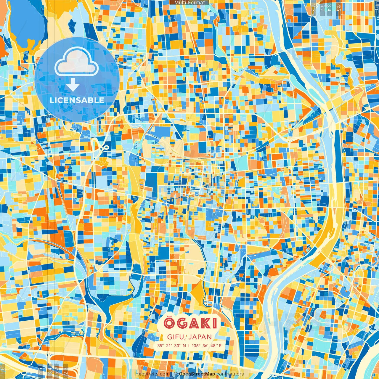 Ōgaki, Gifu, Japan blue and orange vector art map template