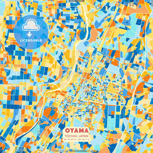 Oyama, Tochigi, Japan blue and orange vector art map template