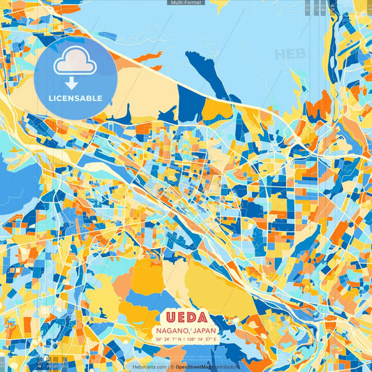 Ueda, Nagano, Japan blue and orange vector art map template