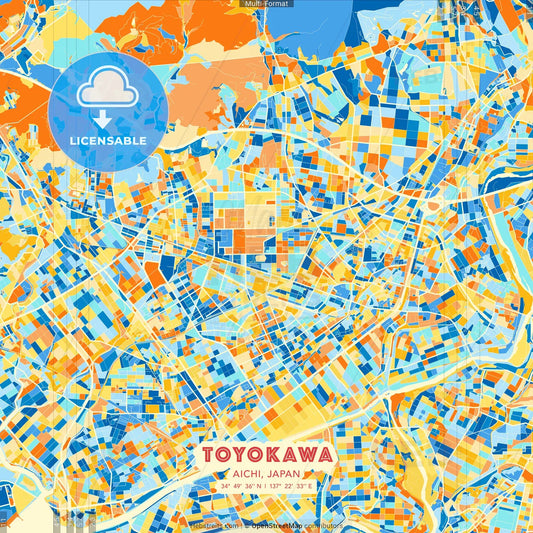 Toyokawa, Aichi, Japan blue and orange vector art map template