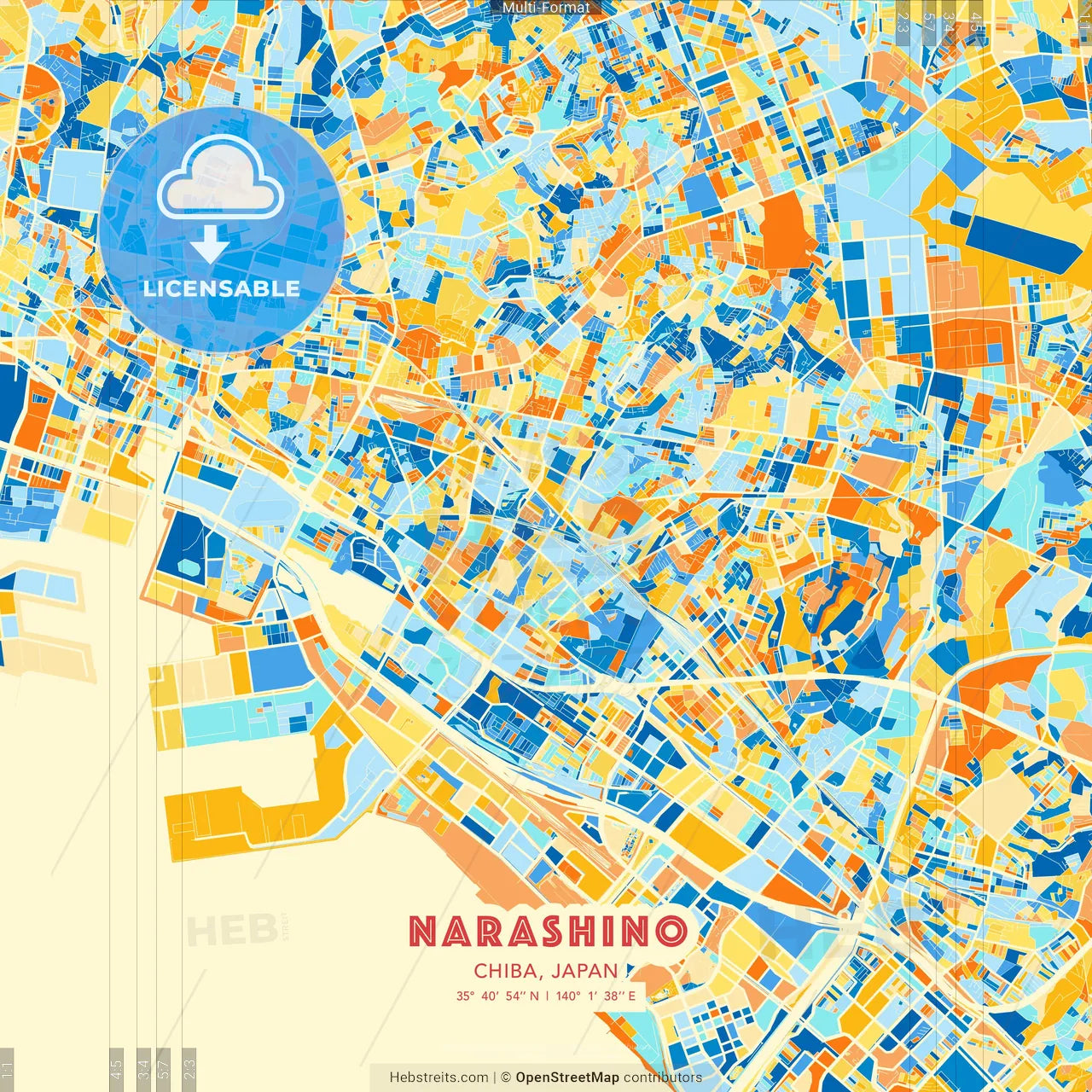 Narashino, Chiba, Japan blue and orange vector art map template