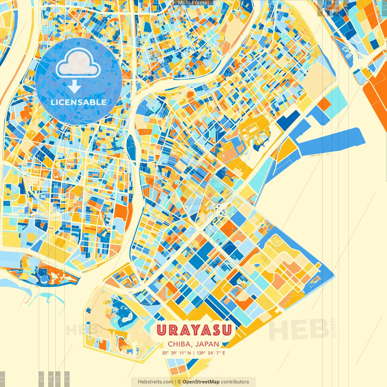 Urayasu, Chiba, Japan blue and orange vector art map template