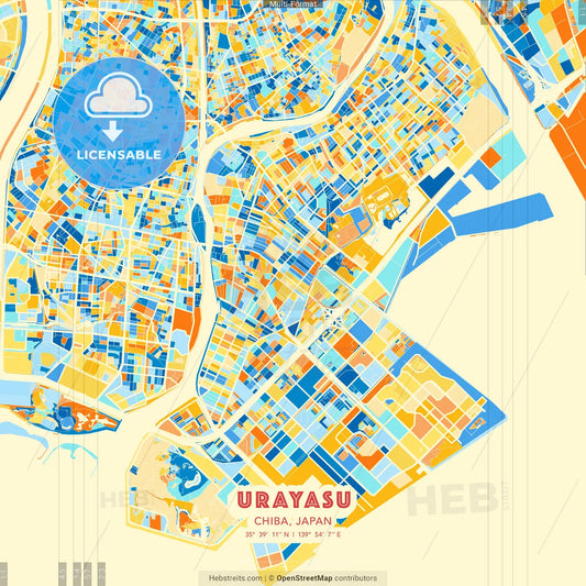 Urayasu, Chiba, Japan blue and orange vector art map template