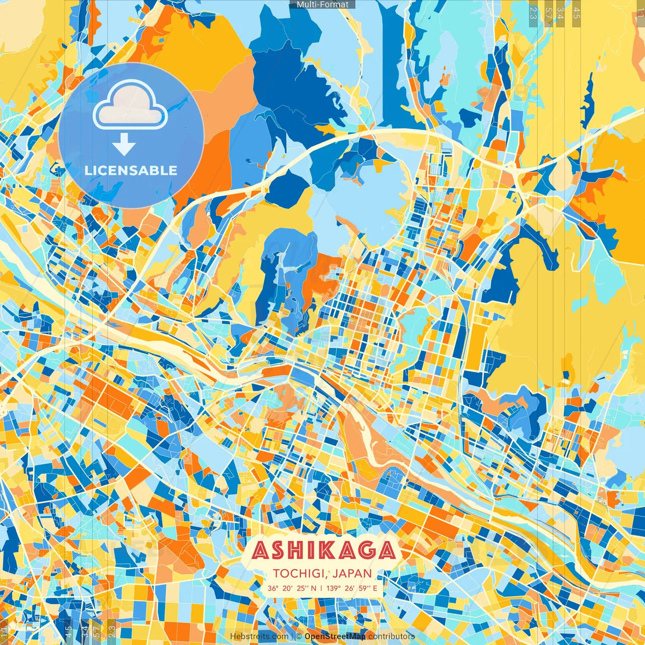 Ashikaga, Tochigi, Japan blue and orange vector art map template