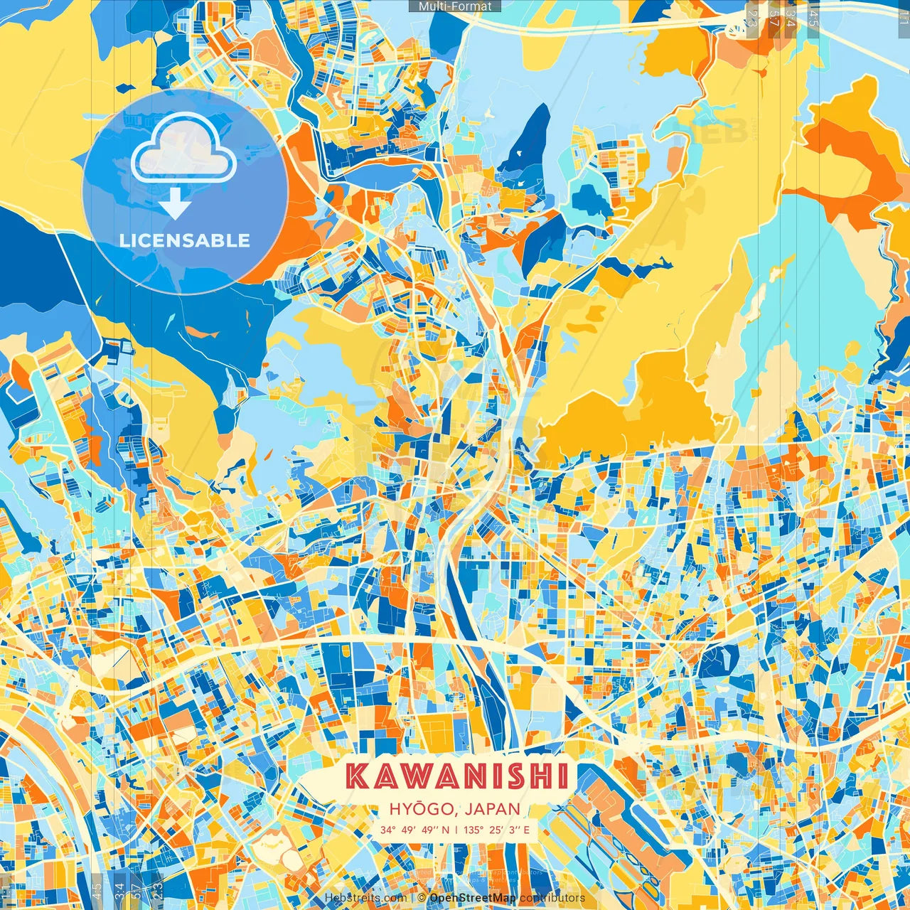 Kawanishi, Hyōgo, Japan blue and orange vector art map template
