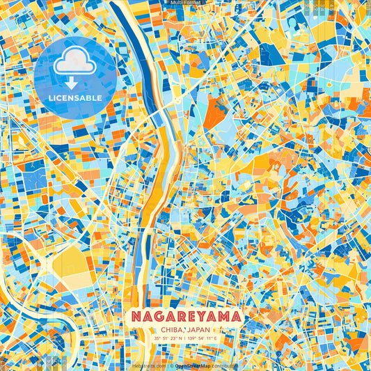 Nagareyama, Chiba, Japan blue and orange vector art map template