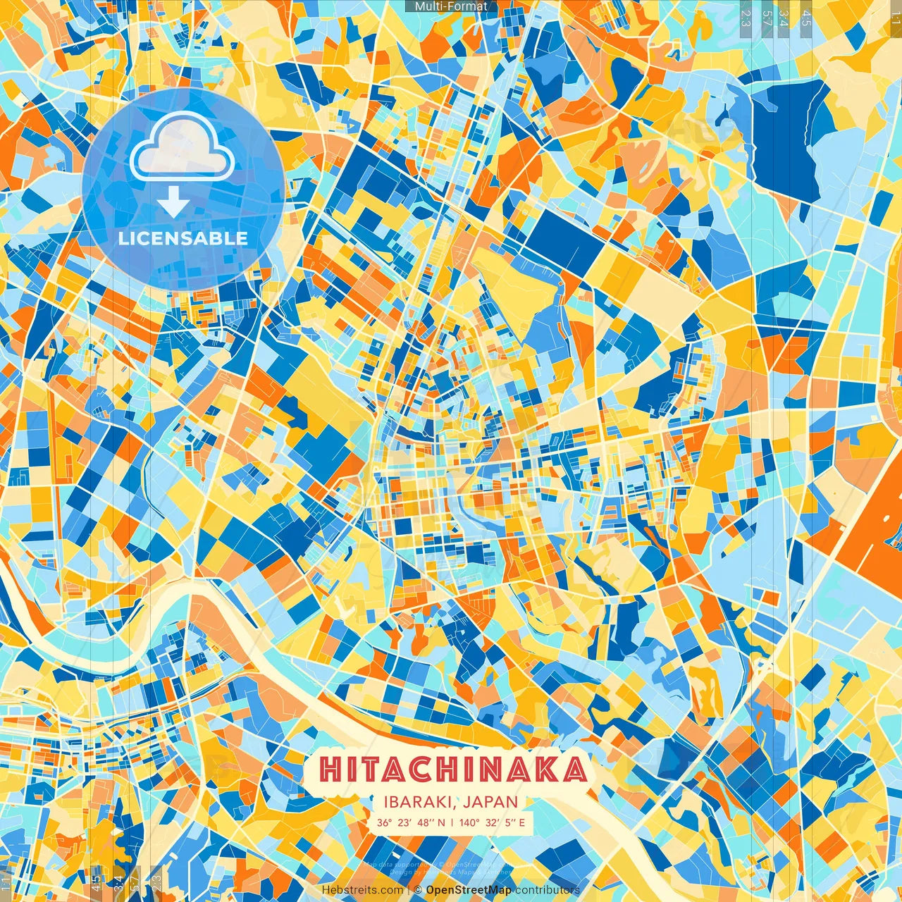 Hitachinaka, Ibaraki, Japan blue and orange vector art map template