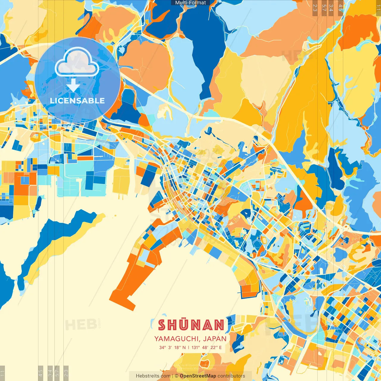 Shūnan, Yamaguchi, Japan blue and orange vector art map template