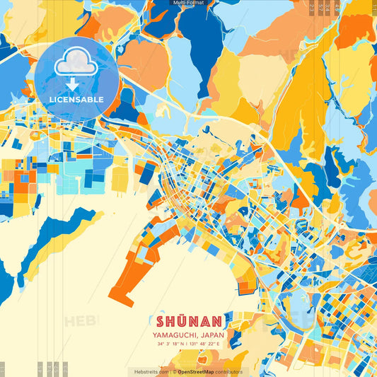 Shūnan, Yamaguchi, Japan blue and orange vector art map template