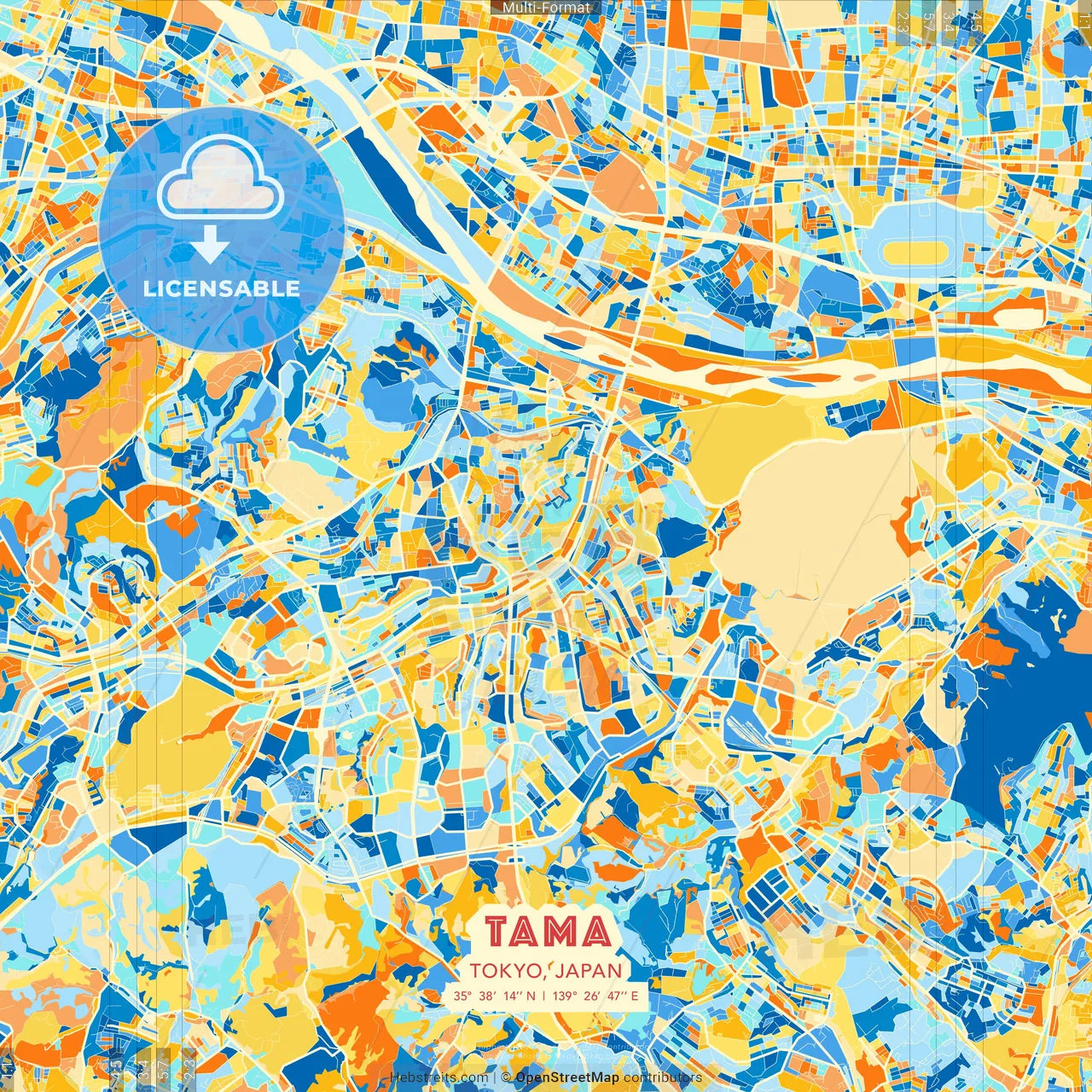Tama, Tokyo, Japan blue and orange vector art map template