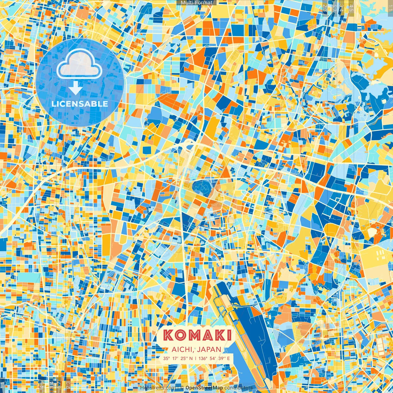 Komaki, Aichi, Japan blue and orange vector art map template