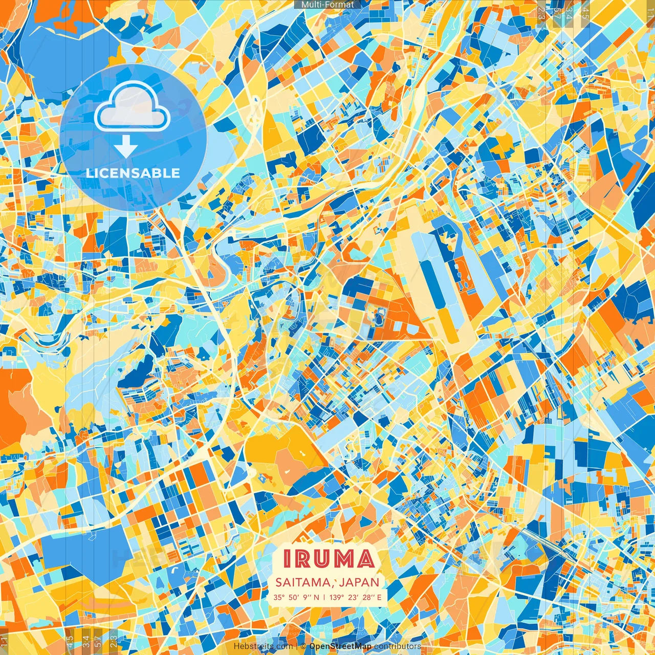 Iruma, Saitama, Japan blue and orange vector art map template