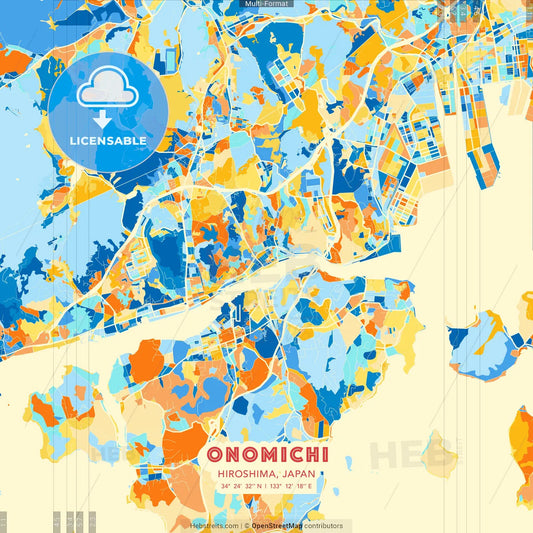 Onomichi, Hiroshima, Japan blue and orange vector art map template