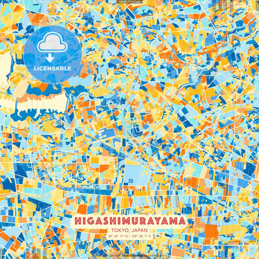 Higashimurayama, Tokyo, Japan blue and orange vector art map template