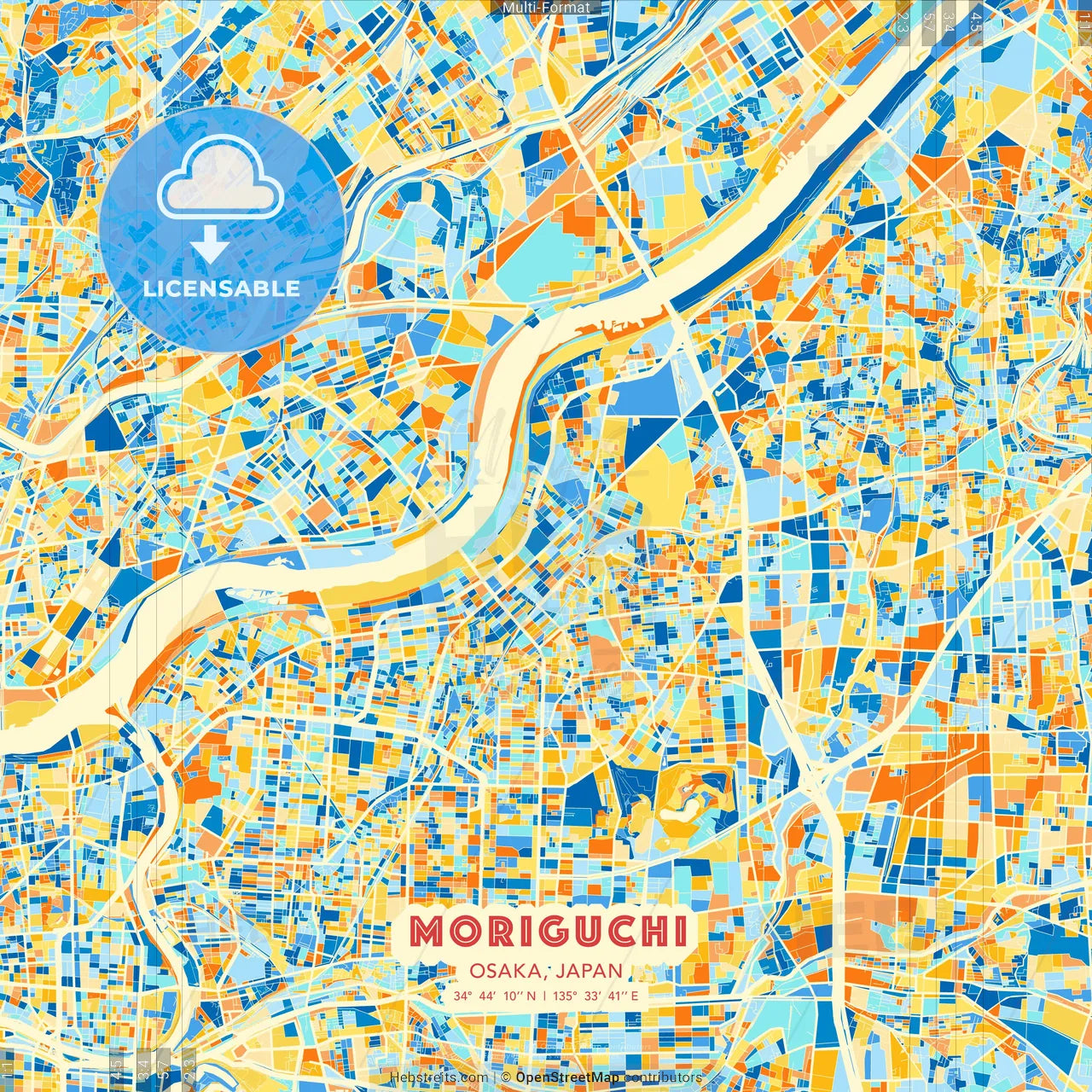 Moriguchi, Osaka, Japan blue and orange vector art map template