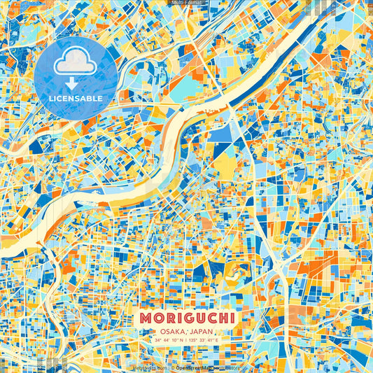 Moriguchi, Osaka, Japan blue and orange vector art map template