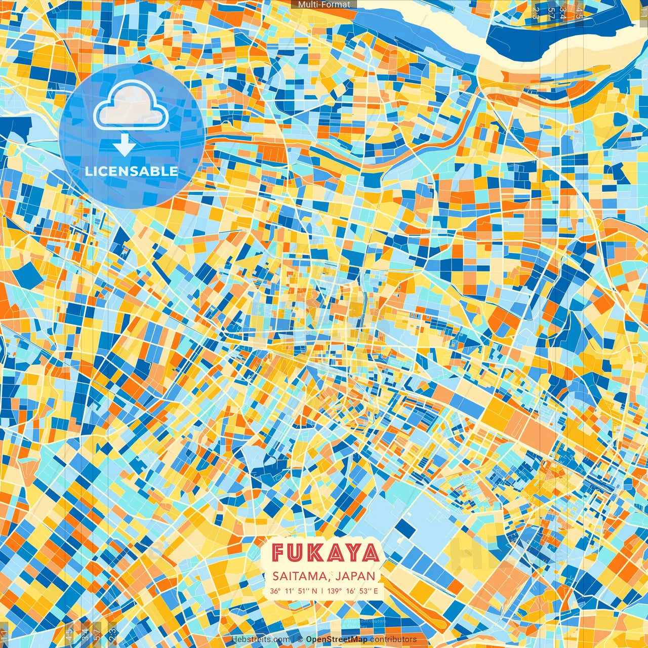 Fukaya, Saitama, Japan blue and orange vector art map template