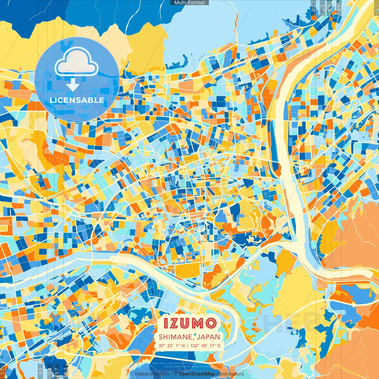 Izumo, Shimane, Japan blue and orange vector art map template