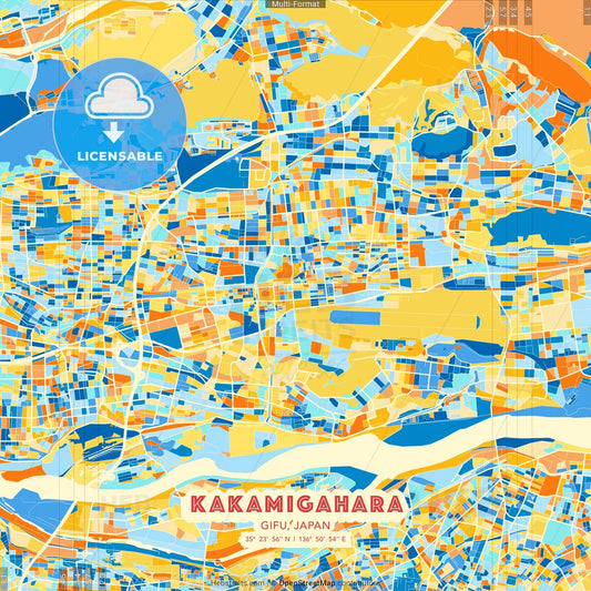 Kakamigahara, Gifu, Japan blue and orange vector art map template