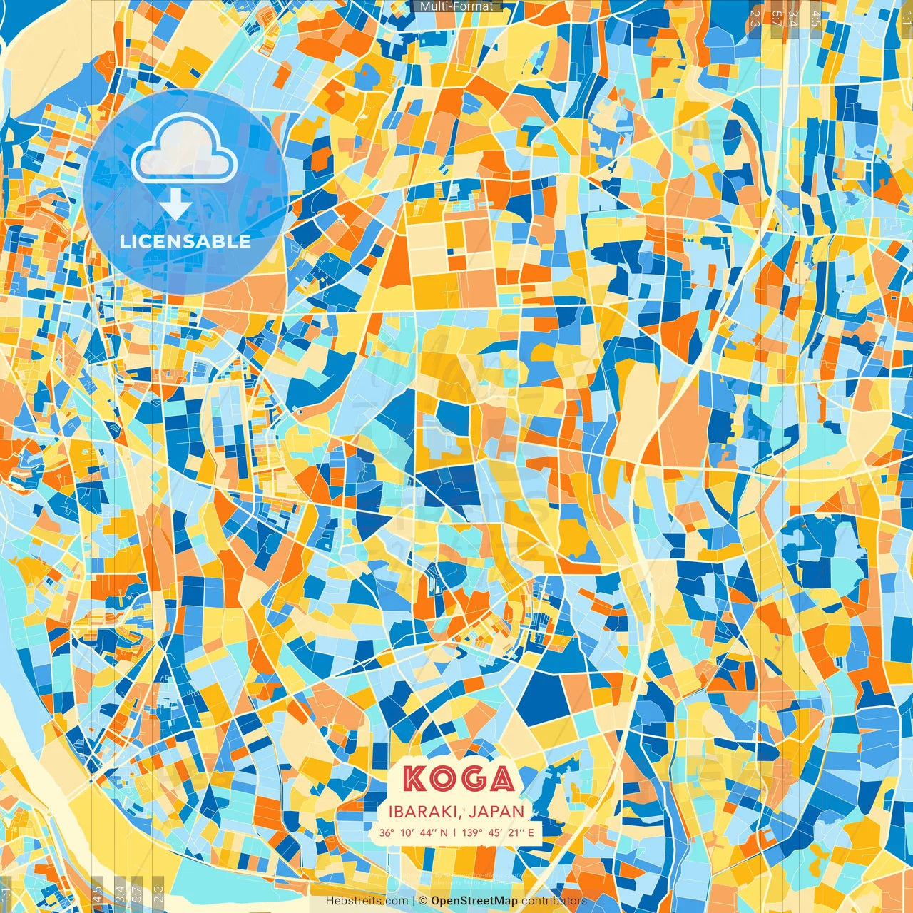 Koga, Ibaraki, Japan blue and orange vector art map template