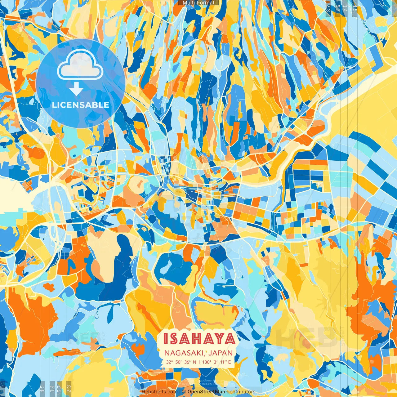 Isahaya, Nagasaki, Japan blue and orange vector art map template
