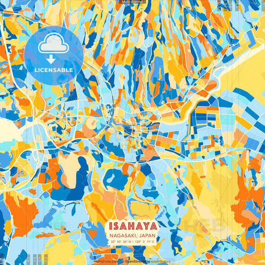 Isahaya, Nagasaki, Japan blue and orange vector art map template