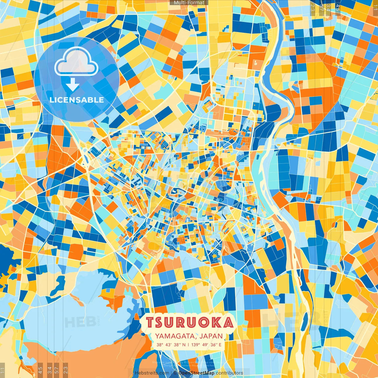Tsuruoka, Yamagata, Japan blue and orange vector art map template