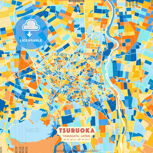 Tsuruoka, Yamagata, Japan blue and orange vector art map template