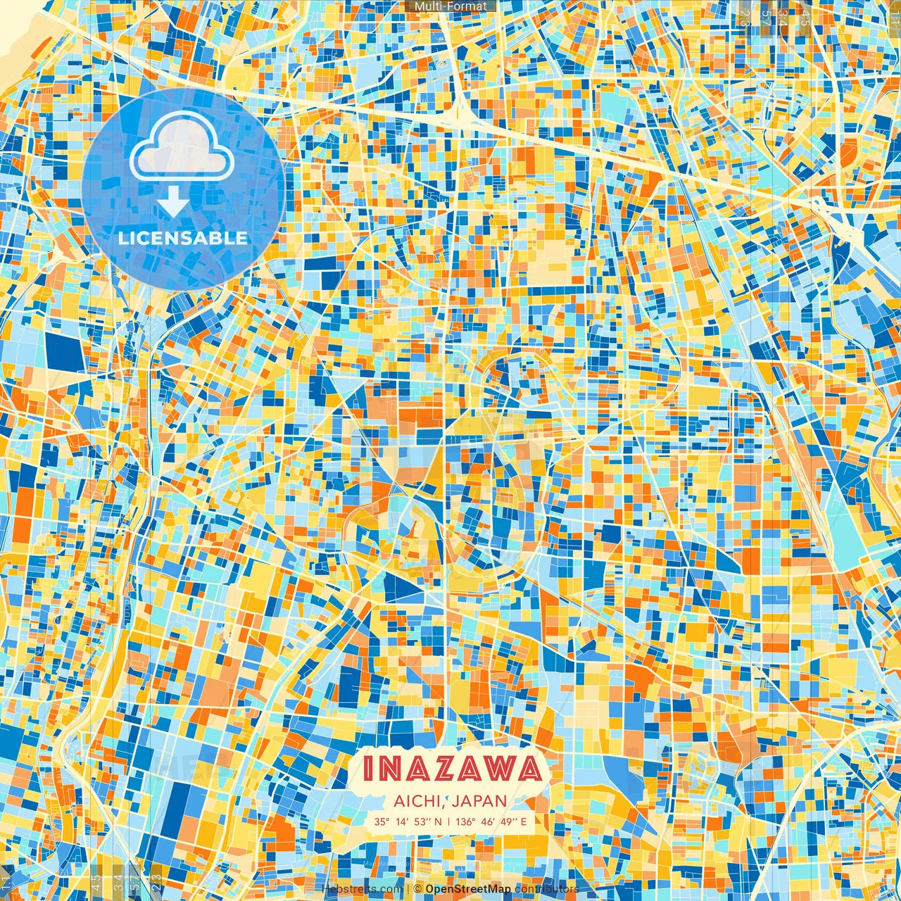 Inazawa, Aichi, Japan blue and orange vector art map template