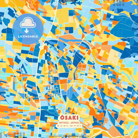 Ōsaki, Miyagi, Japan blue and orange vector art map template