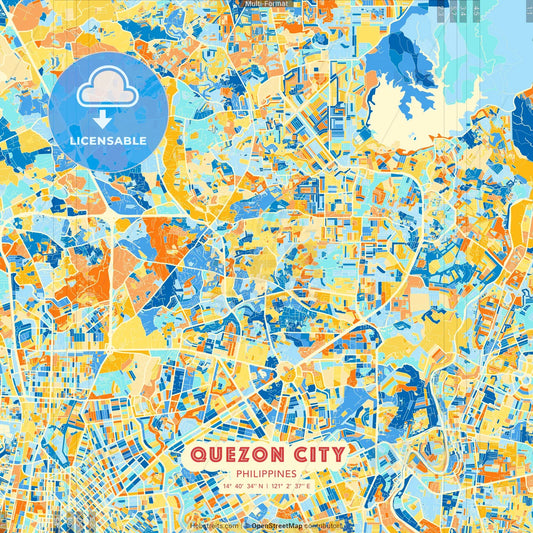 Quezon City, Philippines blue and orange vector art map template