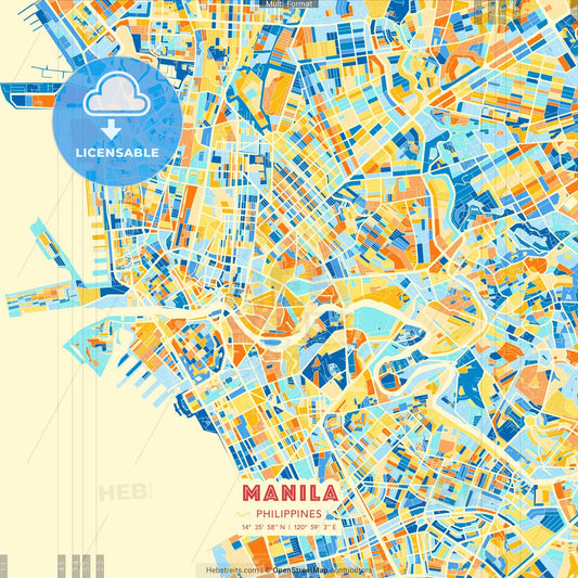 Manila, Philippines blue and orange vector art map template