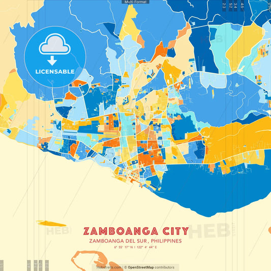 Zamboanga City, Zamboanga del Sur , Philippines blue and orange vector art map template