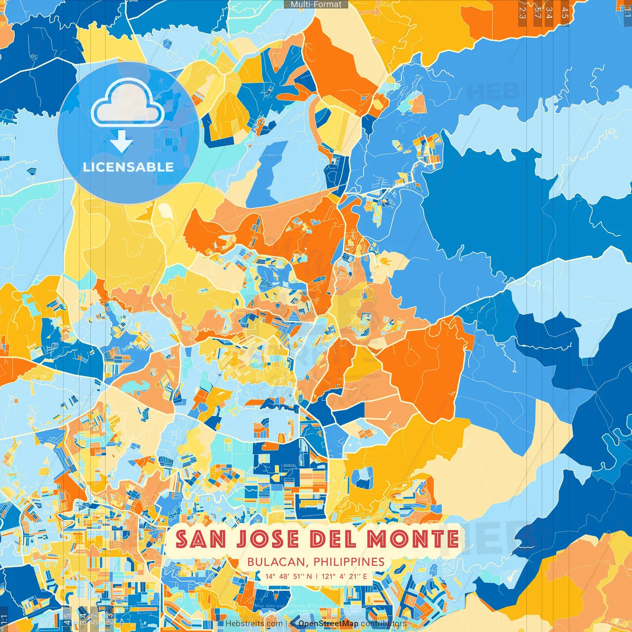 San Jose del Monte, Bulacan, Philippines blue and orange vector art map template