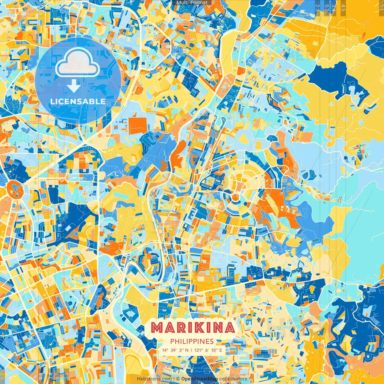 Marikina, Philippines blue and orange vector art map template