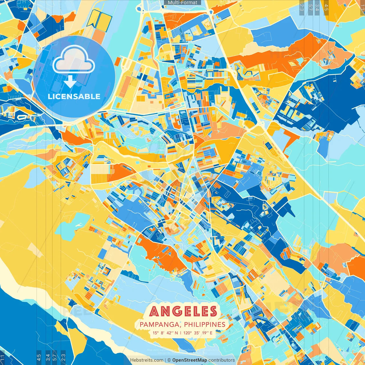Angeles, Pampanga, Philippines blue and orange vector art map template