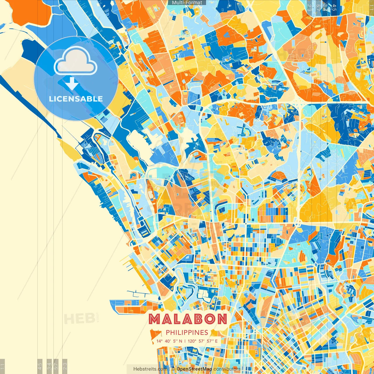 Malabon, Philippines blue and orange vector art map template