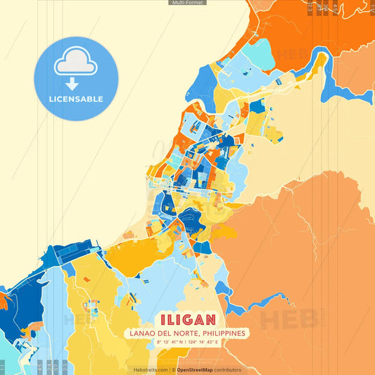Iligan, Lanao del Norte, Philippines blue and orange vector art map template